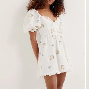 For Love & Lemons Yolanda puff sleeve Mushroom Embroidered Floral Mini Dress